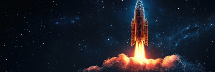 Fototapete - Polygonal rocket launches into the cosmos, powered by bright flames, representing innovation and advanced technology in aerospace exploration. Generative AI