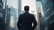 © Svitlana - leadership, business banner background, career opportunity, businessman looking at office buildings