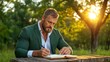 © Anna - man with a beard is focused on writing in a notebook at a rustic wooden table in a park. sun is setting, casting warm light through the trees, creating a peaceful atmosphere