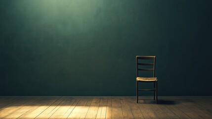 Fototapete - A vacant room features polished wooden floors and a lone chair positioned against a deep-colored wall, creating a tranquil atmosphere. Generative AI