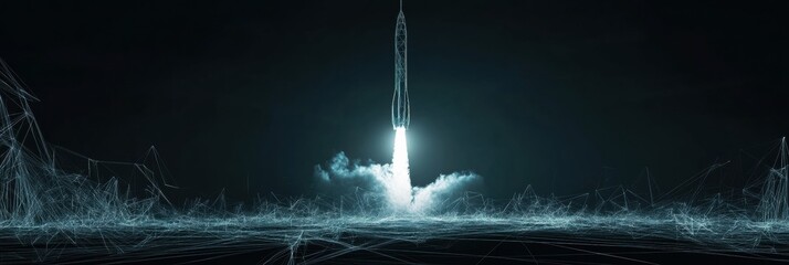 Fototapete - A dynamic wireframe rocket launches against a dark background, symbolizing advancements in technology and innovation in space exploration. Generative AI