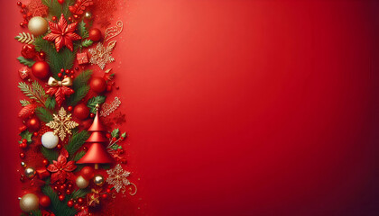 Square banner with gold and red Christmas symbols and text. Christmas tree, balls, golden tinsel confetti and snowflakes on red background. Header for website template