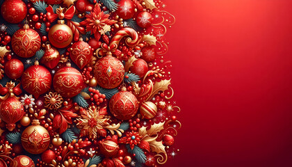 Square banner with gold and red Christmas symbols and text. Christmas tree, balls, golden tinsel confetti and snowflakes on red background. Header for website template