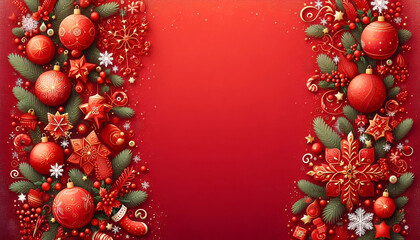 Square banner with gold and red Christmas symbols and text. Christmas tree, balls, golden tinsel confetti and snowflakes on red background. Header for website template