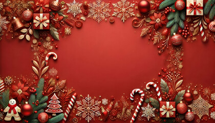 Square banner with gold and red Christmas symbols and text. Christmas tree, balls, golden tinsel confetti and snowflakes on red background. Header for website template