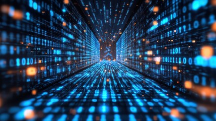 The background of a computer screen is dominated by blue digital binary data