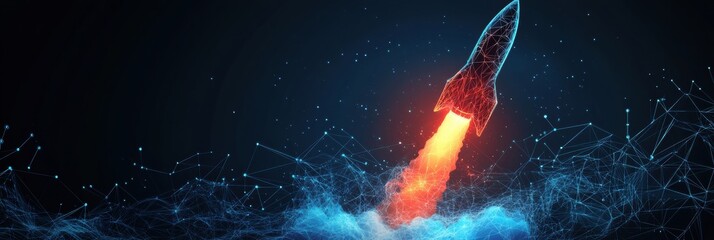Fototapete - A dynamic polygonal wireframe rocket ascends amidst vibrant flames and a network of digital particles, capturing technological innovation. Generative AI