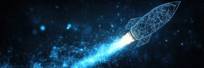 Fototapete - A polygonal wireframe rocket is launching, surrounded by glowing particles showcasing innovation in technology and exploration. Generative AI