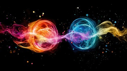 Wall Mural - In this colorful illustration, two proton particles collide on a black background.
