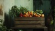 © Seyyar - A wooden crate brimming with vibrant fresh vegetables, featuring a mix of colors and types, set against a rustic green backdrop, symbolizing organic farming.
