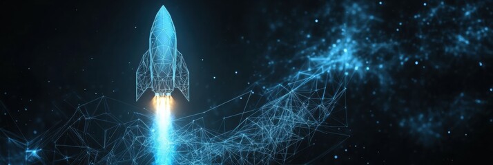 Poster - A wireframe rocket launches into space, emitting bright flames amidst a dark starry background, symbolizing innovation and technology advancement. Generative AI