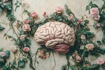 Aufkleber - A realistic brain sculpture is nestled among roses and vines, creating a striking contrast against the soft, textured background. Generative AI