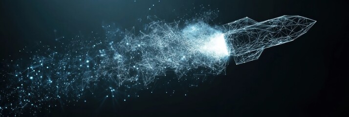 Fototapete - A wireframe rocket takes off amid a digital cloud of particles, representing advancements in innovation and space exploration technologies. Generative AI