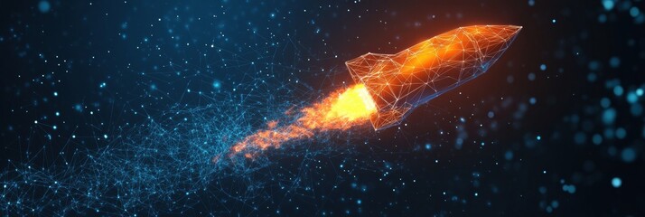 Fototapete - A wireframe rocket launches against a cosmic background, symbolizing technological innovation and space exploration in a digital universe. Generative AI