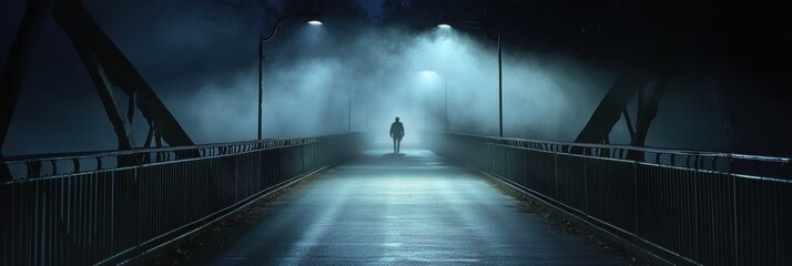 Aufkleber - A person walks alone across a desolate bridge surrounded by dense fog and illuminated by bright streetlights, capturing a quiet, eerie atmosphere. Generative AI