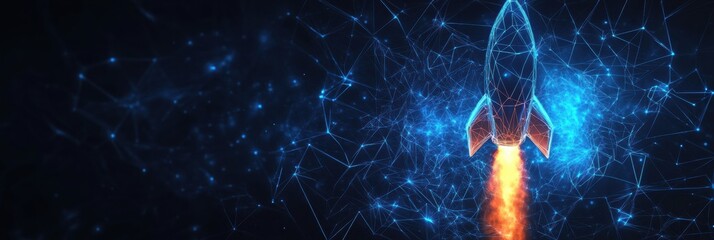 Fototapete - Rocket launches upward in a striking wireframe design, symbolizing innovation and technology against a deep cosmic backdrop. Generative AI