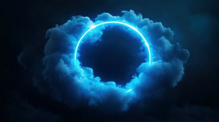 Wall Mural - neon cloud with glowing ring, isolated on black background. round frame. fantastic wallpaper
