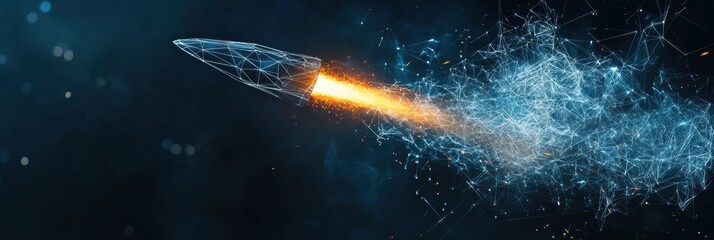 Fototapete - Dynamic rocket launch represented by abstract polygonal wireframe, highlighting advancements in technology and future exploration. Generative AI
