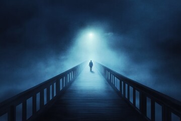 Aufkleber - A lone figure strolls down a lengthy bridge engulfed in fog under a bright light during a tranquil evening. Generative AI