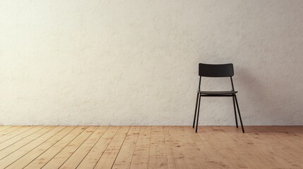 Fototapete - The room features wooden floors and a single chair resting against a plain wall, creating a serene atmosphere perfect for reflection. Generative AI