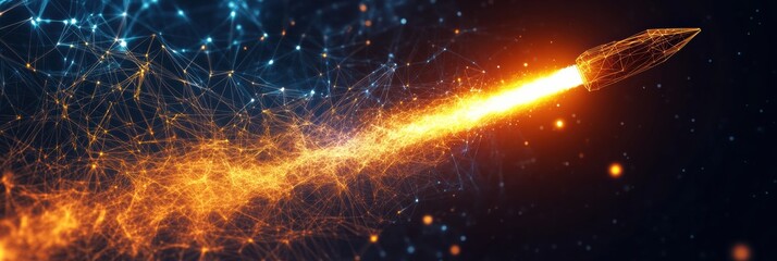 Aufkleber - A polygonal wireframe rocket launches with a fiery trail, symbolizing innovation and technological progress in a digital cosmos. Generative AI