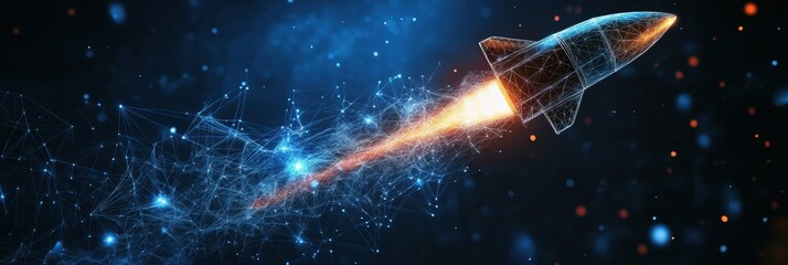 Poster - A wireframe rocket launches into space, surrounded by a burst of colorful particles and a cosmic background, symbolizing innovation and technology. Generative AI