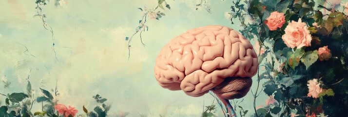 Leinwandbilder - A stylized brain appears prominently against a lush floral background, symbolizing the connection between nature and human cognition. Generative AI
