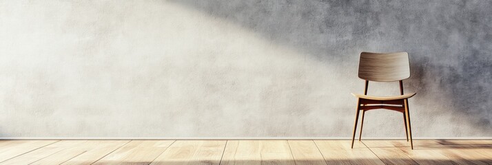 Poster - An empty room features wooden flooring and a single wooden chair placed near the wall, creating a minimalist atmosphere in soft light. Generative AI