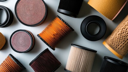 Leinwandbilder - Different types of car filters are showcased on a light background, illustrating their unique shapes and functions essential for vehicle maintenance. Generative AI