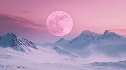 Wall Mural - surreal pink moon over dreamy mountain landscape