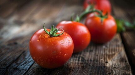 Poster - Fresh tomatoes with water droplets on a rustic wooden surface