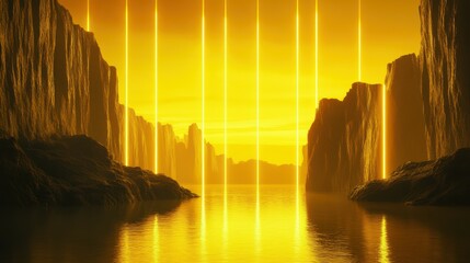 Wall Mural - yellow neon vertical lines glowing over the futuristic seascape with cliffs and water. modern minima