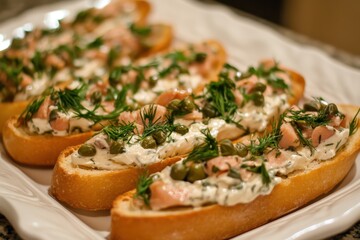 Wall Mural - Bruschetta topped with salmon cream cheese dill and capers