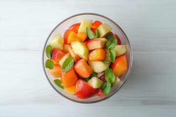 Sticker - Colorful fruit salad in a glass bowl on a white wooden surface Overhead perspective