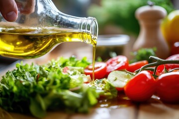 Wall Mural - Culinary idea Chef drizzles olive oil on fresh salad in kitchen