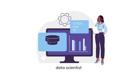 Wall Mural - woman data scientist. moving banner with young girl near computer monitor. artificial intelligence a