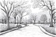 © Infinity Lens - Central park coloring page layout, detailed trees and pathways, clean line work.