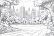 © Infinity Lens - Central park coloring page layout, detailed trees and pathways, clean line work.