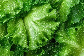 Poster - Detailed close up of fresh green lettuce leaves with droplets high definition