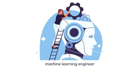 Wall Mural - woman ai scientist. moving banner with young girl near cyborg. artificial intelligence and machine l