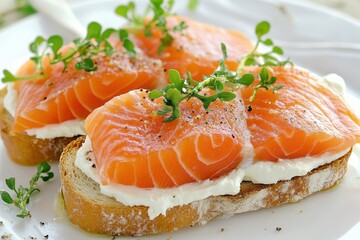 Sticker - Image of toast topped with smoked salmon cream cheese and cress breakfast sandwich or bruschetta featuring seafood