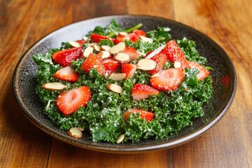 Poster - Nutritious kale salad featuring strawberries and almonds served on a wooden table