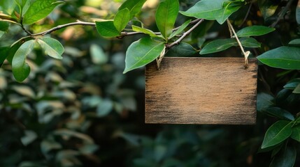 Wall Mural - Wooden signboard hanging on branch with green leaves