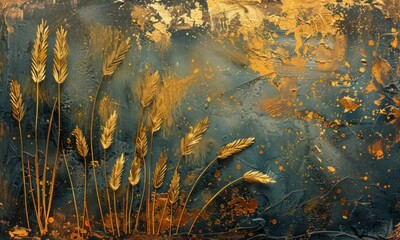 Wall Mural - Golden ears of wheat on black background