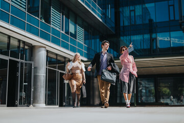 Three business people walk confidently outside a contemporary office building, exuding professionalism and teamwork. Their diverse attire reflects a blend of style and practicality.