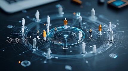 Fototapete - Interconnected 3D figures arranged in a circular formation with radiant lines on a dark background symbolizing the concepts of innovation