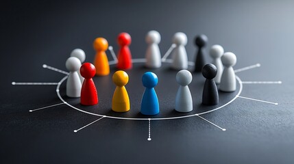 Leinwandbilder - Interconnected 3D Figures in Radiant Circular Formation on Dark Background Representing the Concepts of Synergy