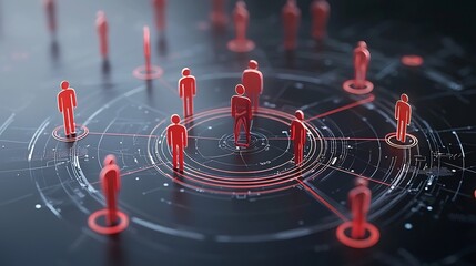 Fototapete - Futuristic digital rendering of a connected network of 3D figures set against a dark background with glowing lines creating a circular technological landscape
