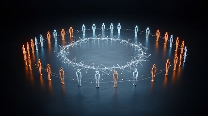 Poster - Interconnected 3D human figures with bright luminous lines forming a captivating circular pattern against a minimalist black background symbolizing unity technology and the digital age