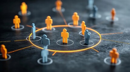 Poster - Glowing interconnected 3D figures arranged in a circular pattern linked by vibrant lines over a deep black background symbolizing unity shared goals and technological innovation